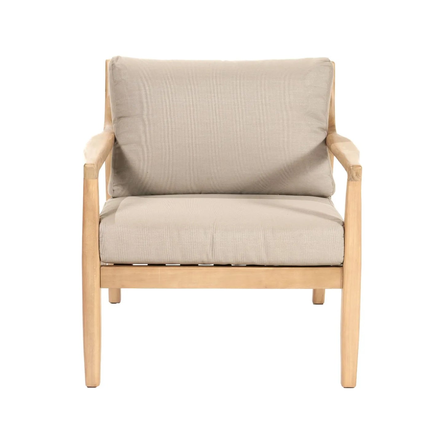 Neutral Beige Taupe 2-Seater Outdoor Garden Lounge Set with Armchairs, Footstools & Side Table – Light Teak Effect Acacia Wood Bistro Patio Set with Cushions, Compact Seating for Garden, Terrace, Balcony, Conservatory & Outdoor Living Space | Click Style
