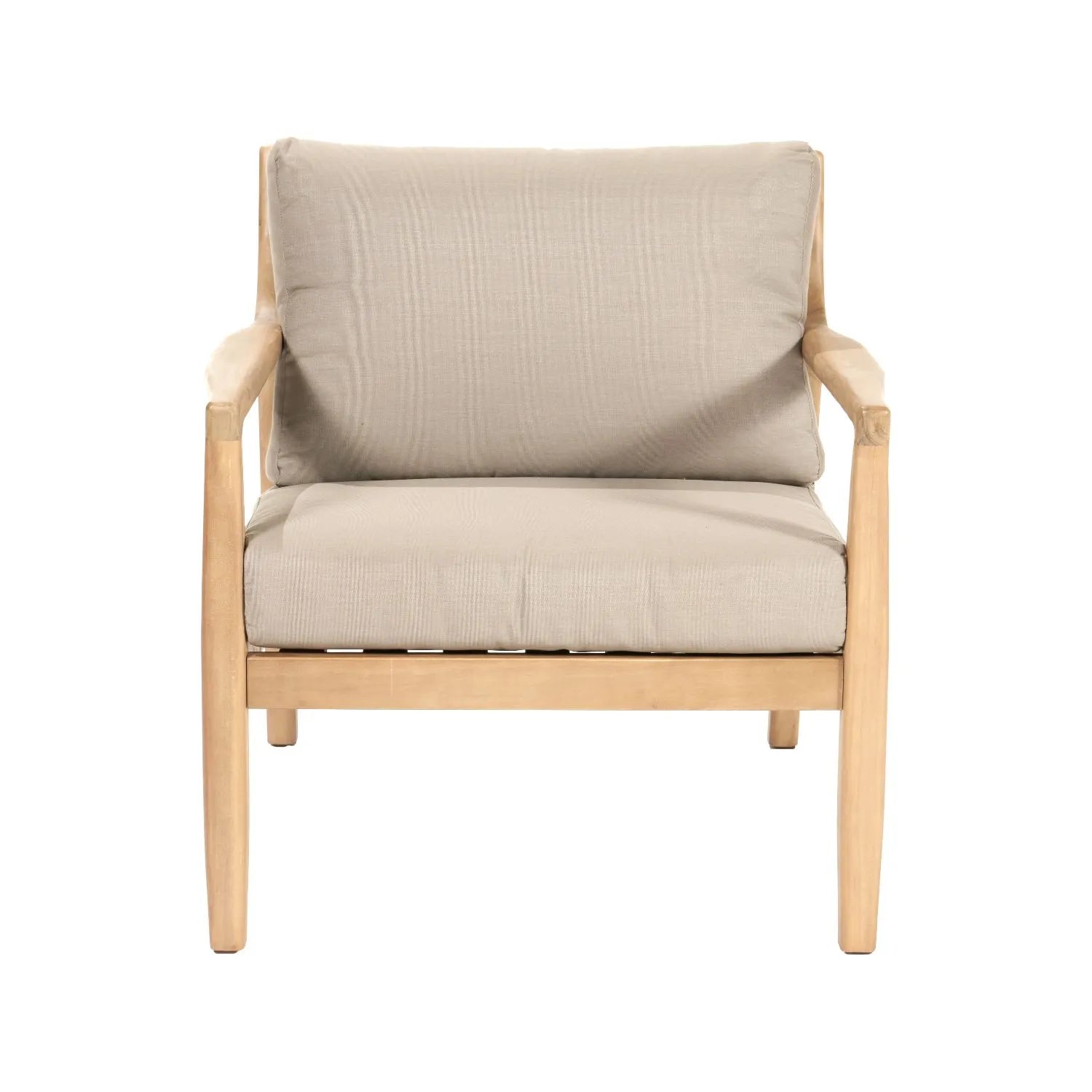Neutral Beige Taupe 2-Seater Outdoor Garden Lounge Set with Armchairs, Footstools & Side Table – Light Teak Effect Acacia Wood Bistro Patio Set with Cushions, Compact Seating for Garden, Terrace, Balcony, Conservatory & Outdoor Living Space | Click Style