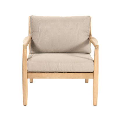 Neutral Beige Taupe 2-Seater Outdoor Garden Lounge Set with Armchairs, Footstools & Side Table – Light Teak Effect Acacia Wood Bistro Patio Set with Cushions, Compact Seating for Garden, Terrace, Balcony, Conservatory & Outdoor Living Space | Click Style