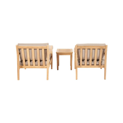 Neutral Beige Taupe 2-Seater Outdoor Garden Lounge Set with Armchairs, Footstools & Side Table – Light Teak Effect Acacia Wood Bistro Patio Set with Cushions, Compact Seating for Garden, Terrace, Balcony, Conservatory & Outdoor Living Space Back View | Click Style