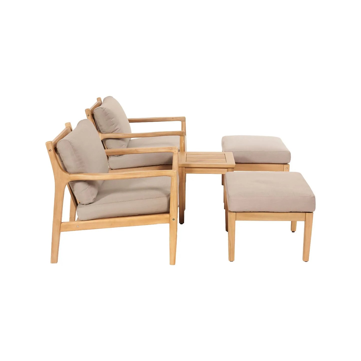 Neutral Beige Taupe 2-Seater Outdoor Garden Lounge Set with Armchairs, Footstools & Side Table – Light Teak Effect Acacia Wood Bistro Patio Set with Cushions, Compact Seating for Garden, Terrace, Balcony, Conservatory & Outdoor Living Space | Click Style