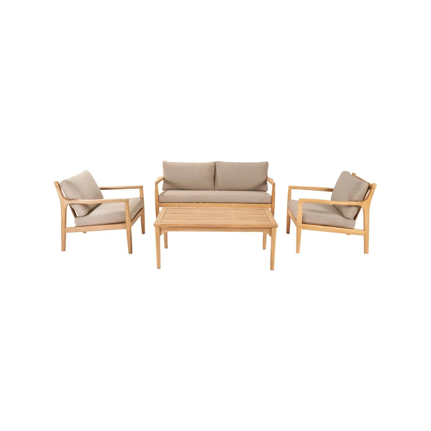 Neutral Beige Taupe Outdoor Garden Sofa Set with Cushions, 2 Armchairs & Rectangular Coffee Table – Light Teak Effect Acacia Wood 4-Seater Patio Lounge Set with Deep Seat & Back Cushions for Garden, Terrace, Conservatory, Decking & Outdoor Living Space | Click Style