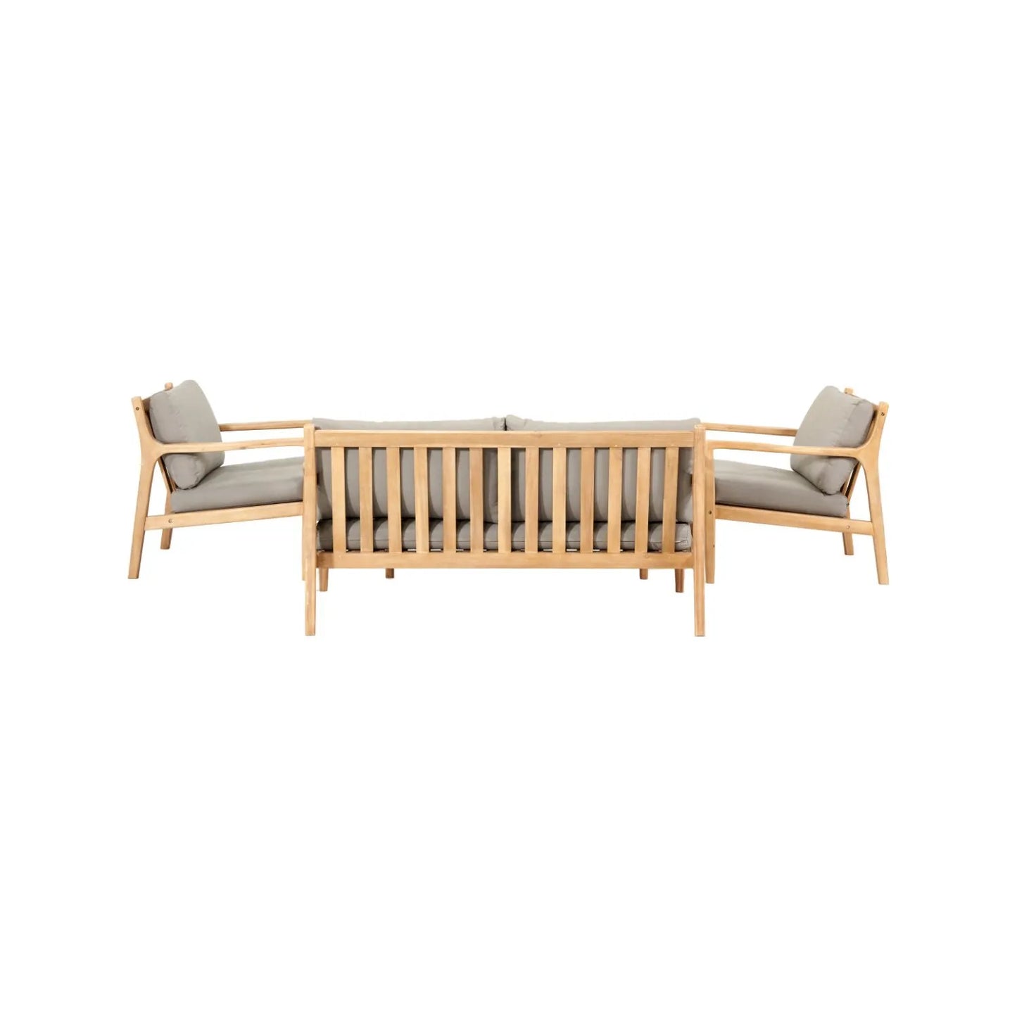 Neutral Beige Taupe Outdoor Garden Sofa Set with Cushions, 2 Armchairs & Rectangular Coffee Table – Light Teak Effect Acacia Wood 4-Seater Patio Lounge Set with Deep Seat & Back Cushions for Garden, Terrace, Conservatory, Decking & Outdoor Living Space Back View | Click Style