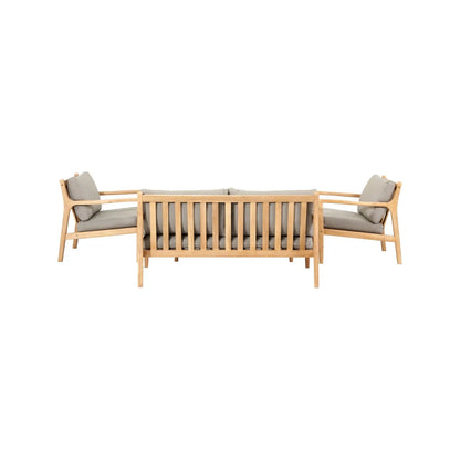 Neutral Beige Taupe Outdoor Garden Sofa Set with Cushions, 2 Armchairs & Rectangular Coffee Table – Light Teak Effect Acacia Wood 4-Seater Patio Lounge Set with Deep Seat & Back Cushions for Garden, Terrace, Conservatory, Decking & Outdoor Living Space Back View | Click Style