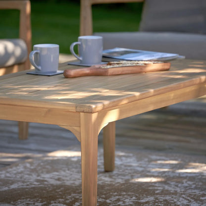 Neutral Beige Taupe Outdoor Garden Sofa Set with Cushions, 2 Armchairs & Rectangular Coffee Table – Light Teak Effect Acacia Wood 4-Seater Patio Lounge Set with Deep Seat & Back Cushions for Garden, Terrace, Conservatory, Decking & Outdoor Living Space | Click Style