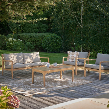 Neutral Beige Taupe Outdoor Garden Sofa Set with Cushions, 2 Armchairs & Rectangular Coffee Table – Acacia Wood 4-Seater Lounge Set