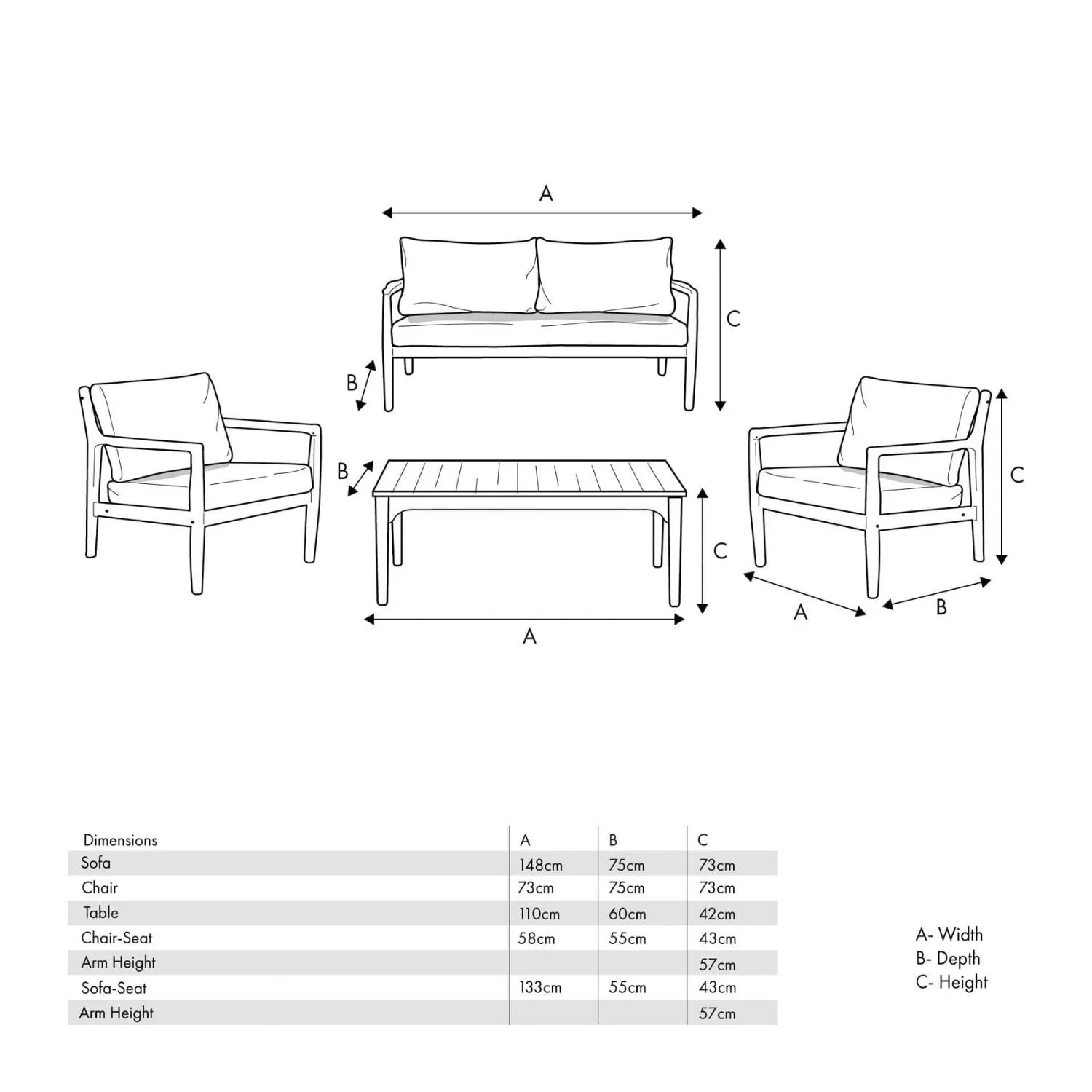 Neutral Beige Taupe Outdoor Garden Sofa Set with Cushions, 2 Armchairs & Rectangular Coffee Table – Light Teak Effect Acacia Wood 4-Seater Patio Lounge Set with Deep Seat & Back Cushions for Garden, Terrace, Conservatory, Decking & Outdoor Living Space Dimensions | Click Style