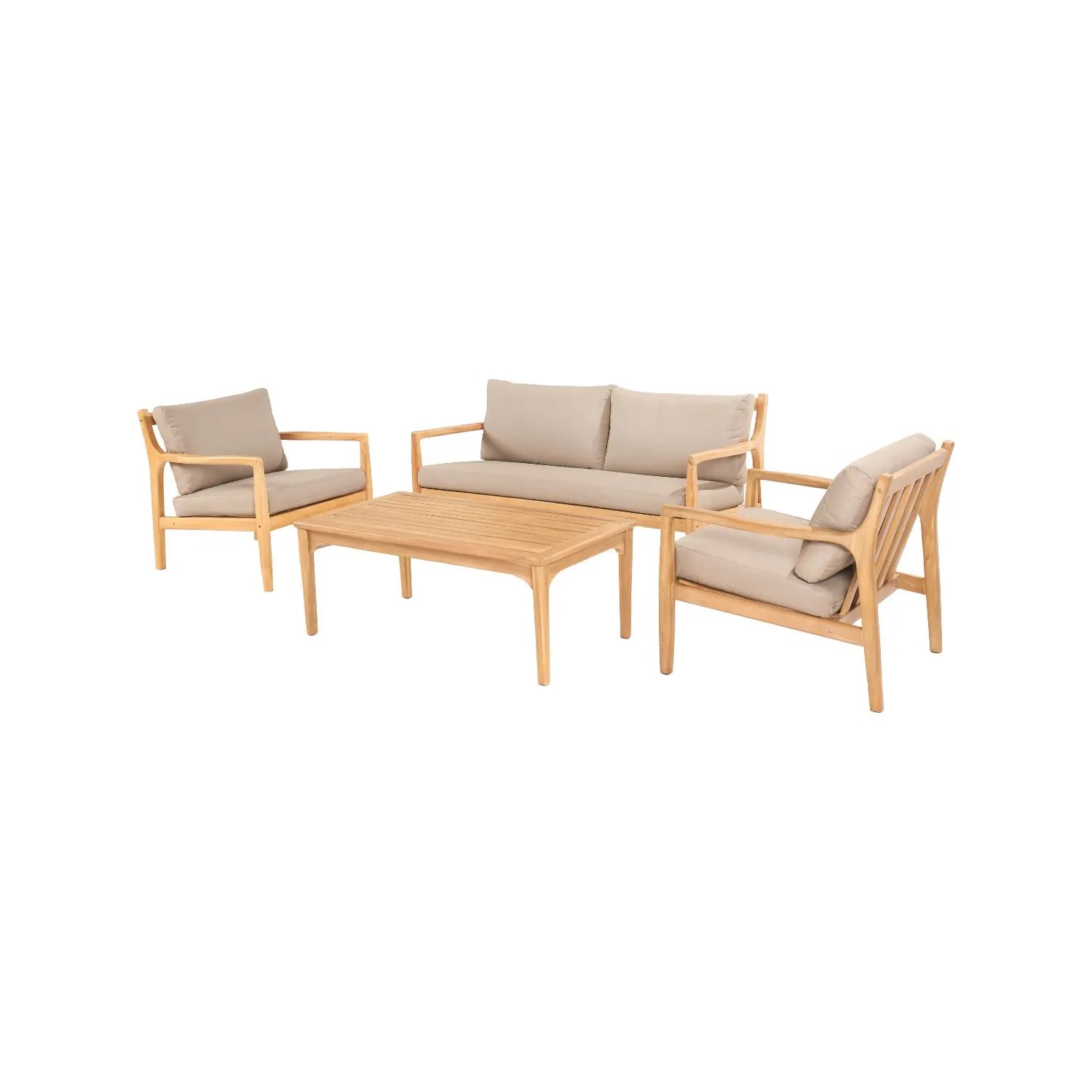 Neutral Beige Taupe Outdoor Garden Sofa Set with Cushions, 2 Armchairs & Rectangular Coffee Table – Light Teak Effect Acacia Wood 4-Seater Patio Lounge Set with Deep Seat & Back Cushions for Garden, Terrace, Conservatory, Decking & Outdoor Living Space | Click Style
