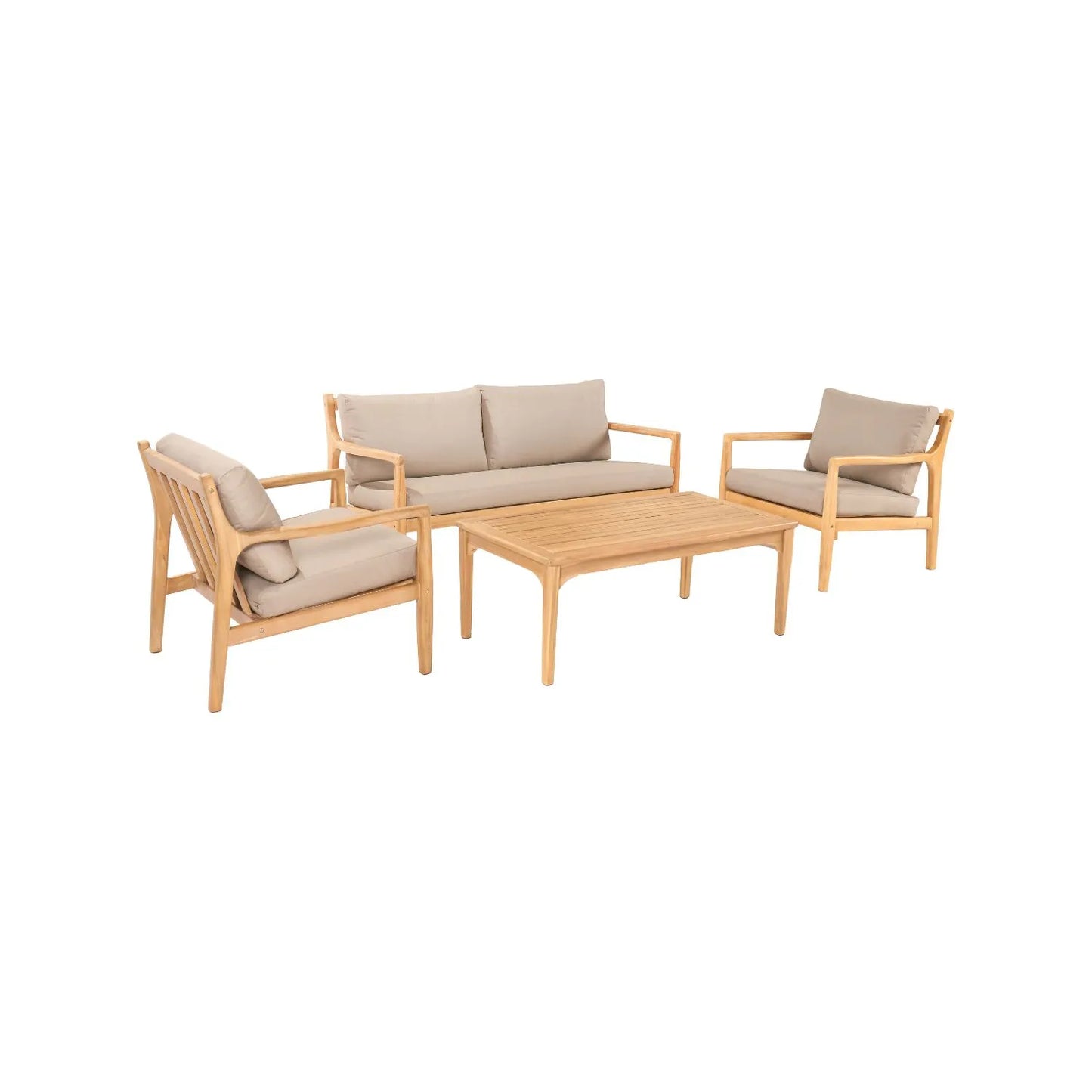 Neutral Beige Taupe Outdoor Garden Sofa Set with Cushions, 2 Armchairs & Rectangular Coffee Table – Light Teak Effect Acacia Wood 4-Seater Patio Lounge Set with Deep Seat & Back Cushions for Garden, Terrace, Conservatory, Decking & Outdoor Living Space | Click Style
