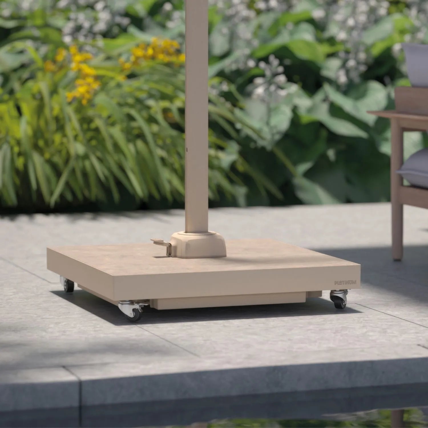 Platinum Neutral Beige Wheeled Parasol Base with Ceramic Finish – Fillable with Sand to 90kg for Garden Cantilever Parasols - Click Style