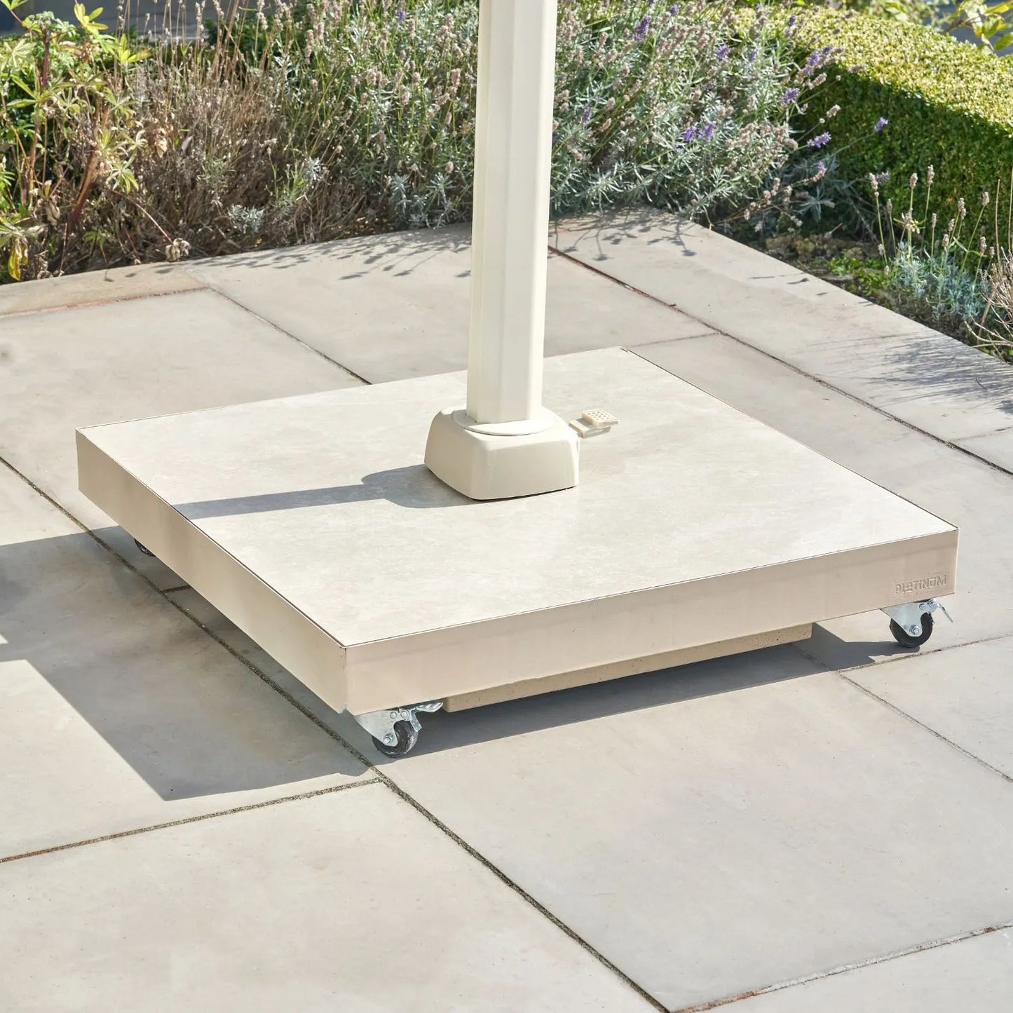 Platinum Neutral Beige Wheeled Parasol Base with Ceramic Finish – Fillable with Sand to 90kg for Garden Cantilever Parasols - Click Style