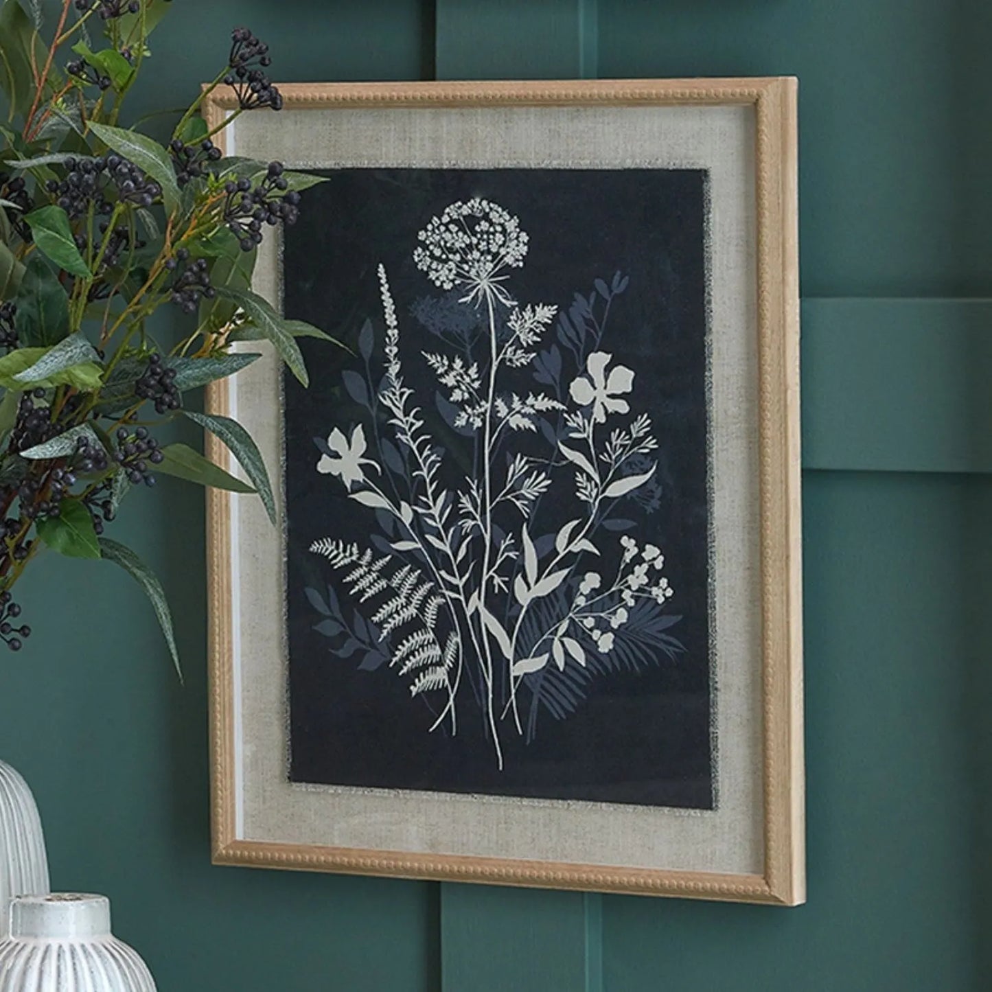 Neutral Botanical Black & White Foliage & Wildflower Silhouette Print with Beaded Wooden Frame – Framed Wall Art 40x50x2cm | Click Style