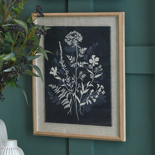 Neutral Botanical Black & White Foliage & Wildflower Silhouette Print with Beaded Wooden Frame – Framed Wall Art 40x50x2cm | Click Style