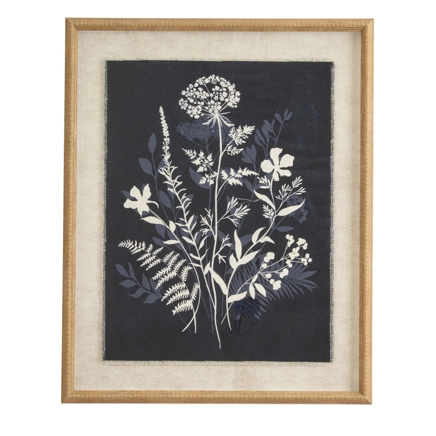 Neutral Botanical Black & White Foliage & Wildflower Silhouette Print with Beaded Wooden Frame – Framed Wall Art 40x50x2cm | Click Style