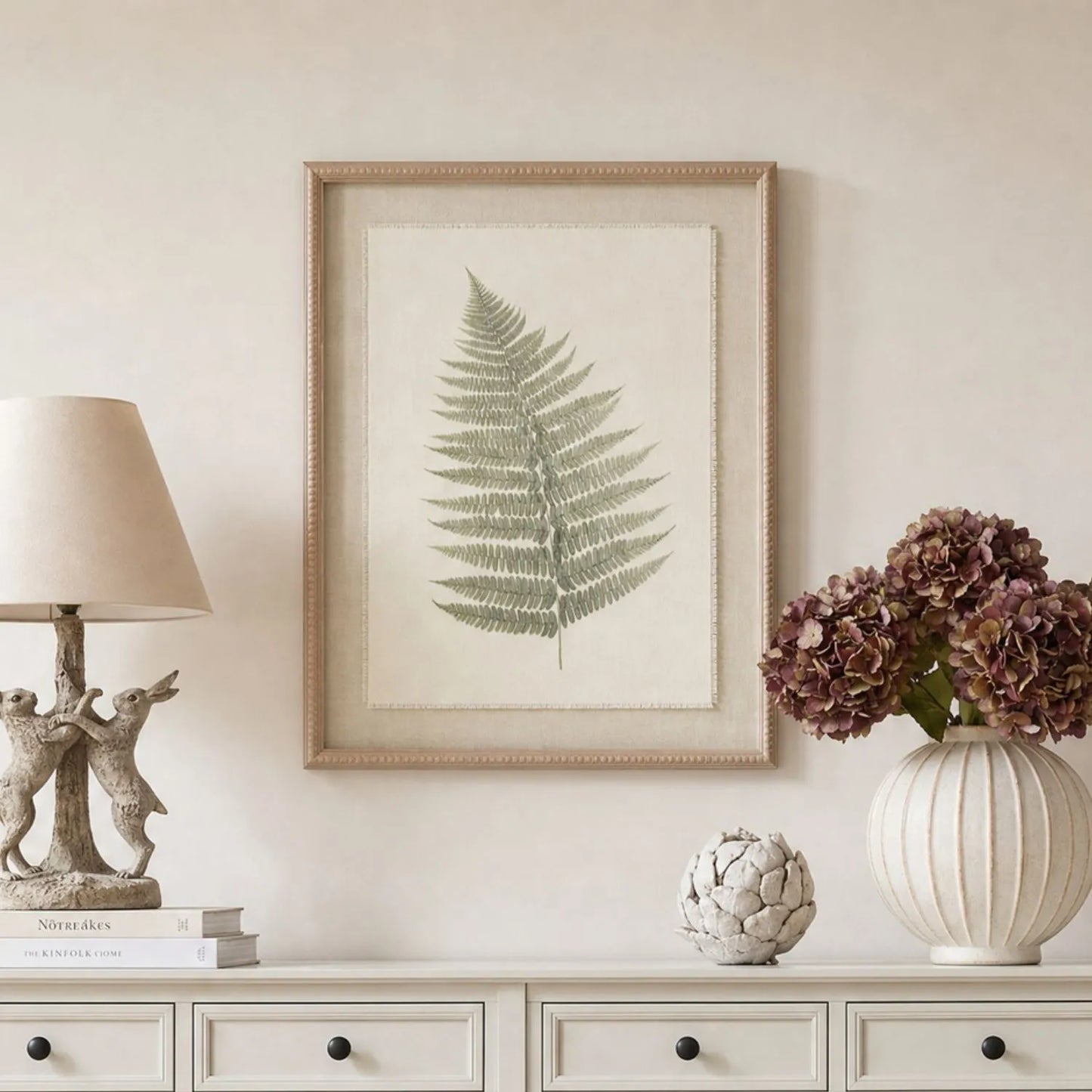 Neutral Botanical Green Fern Print Wall Art - 50x40cm Framed Fern Design with Beaded Wooden Frame - Click Style