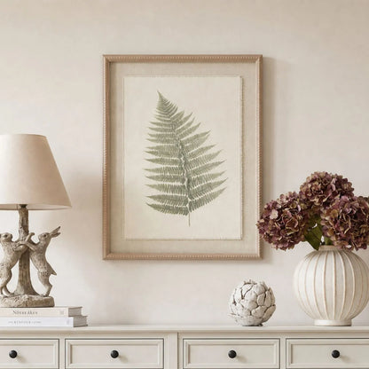 Neutral Botanical Green Fern Print Wall Art - 50x40cm Framed Fern Design with Beaded Wooden Frame - Click Style