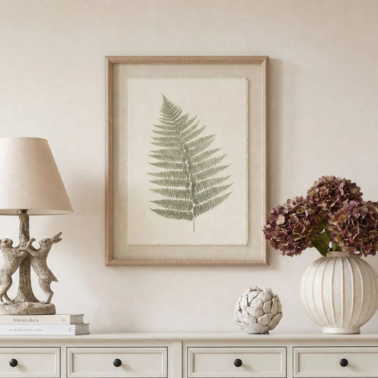 Neutral Botanical Green Fern Print Wall Art - 50x40cm Framed Fern Design with Beaded Wooden Frame - Click Style