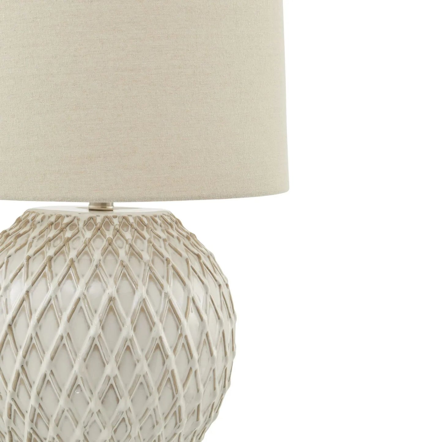 Neutral Cream Rotund Ceramic Table Lamp with Diamond Lattice Design & Natural Linen Tapered Lampshade – Decorative Lighting 58x38cm - Click Style