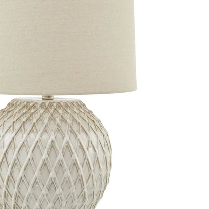 Neutral Cream Rotund Ceramic Table Lamp with Diamond Lattice Design & Natural Linen Tapered Lampshade – Decorative Lighting 58x38cm - Click Style