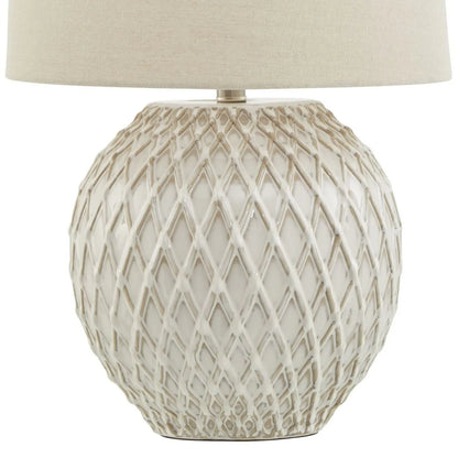 Neutral Cream Rotund Ceramic Table Lamp with Diamond Lattice Design & Natural Linen Tapered Lampshade – Decorative Lighting 58x38cm - Click Style