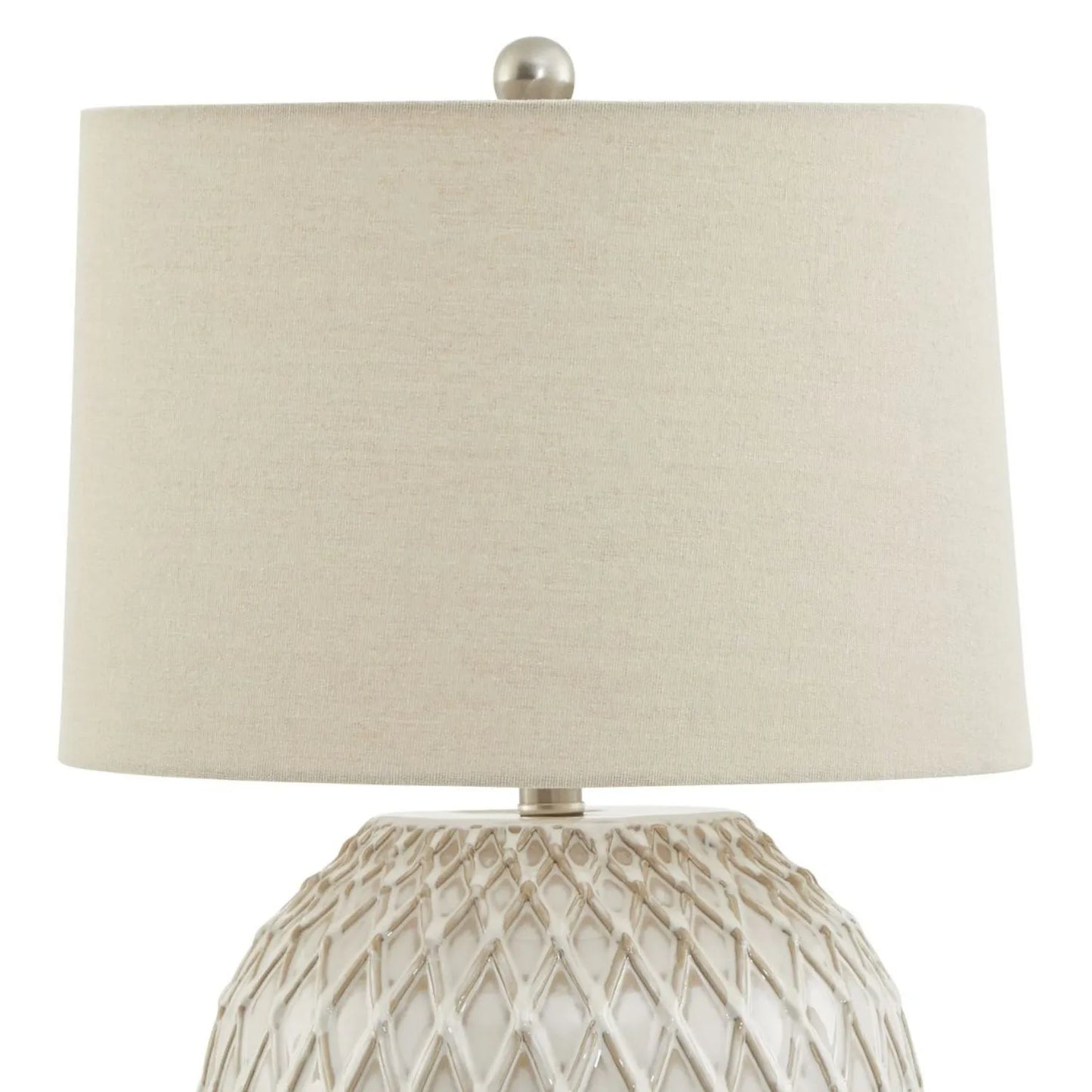 Neutral Cream Rotund Ceramic Table Lamp with Diamond Lattice Design & Natural Linen Tapered Lampshade – Decorative Lighting 58x38cm - Click Style