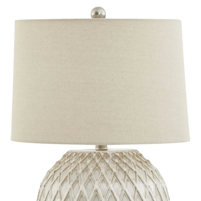 Neutral Cream Rotund Ceramic Table Lamp with Diamond Lattice Design & Natural Linen Tapered Lampshade – Decorative Lighting 58x38cm - Click Style