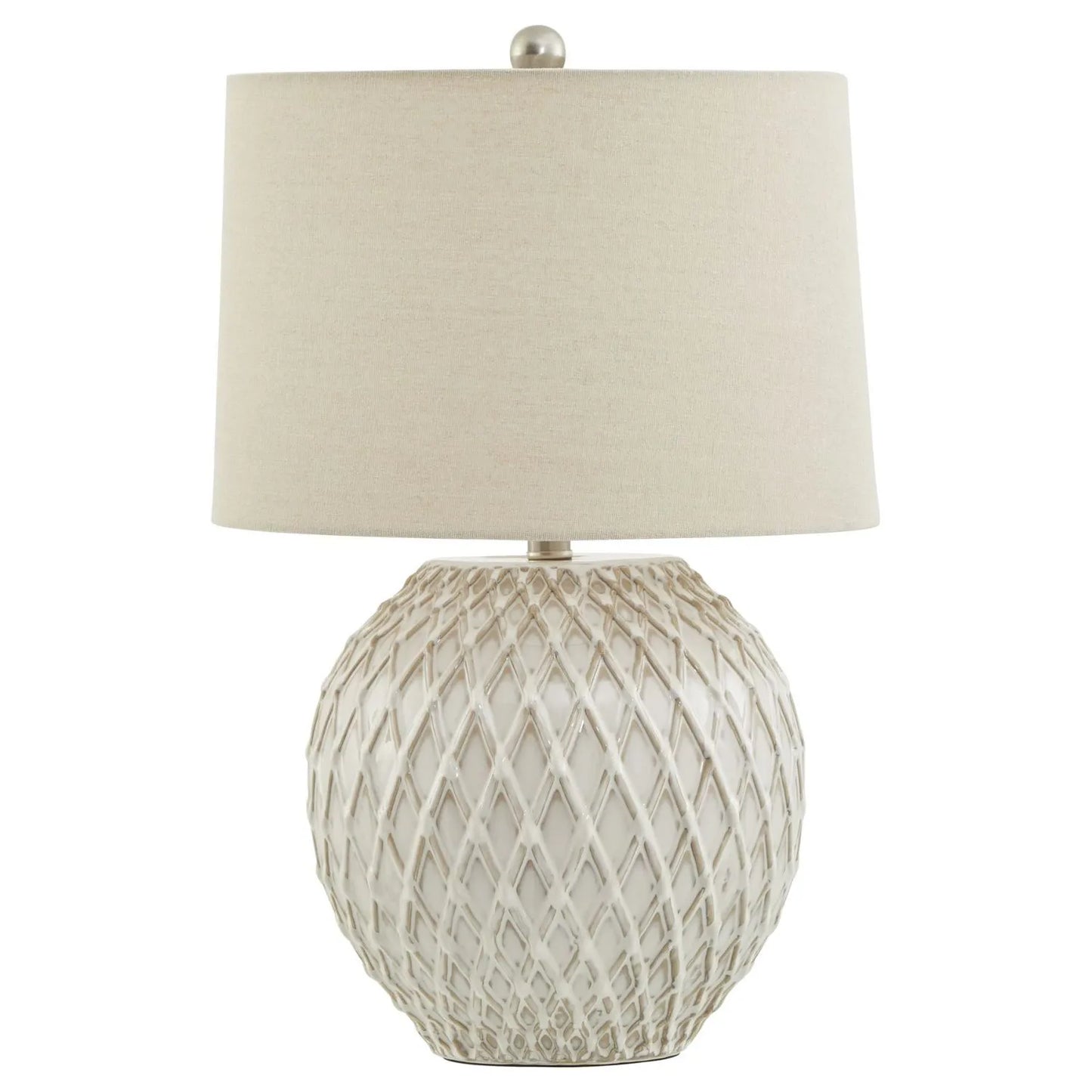 Neutral Cream Rotund Ceramic Table Lamp with Diamond Lattice Design & Natural Linen Tapered Lampshade – Decorative Lighting 58x38cm - Click Style