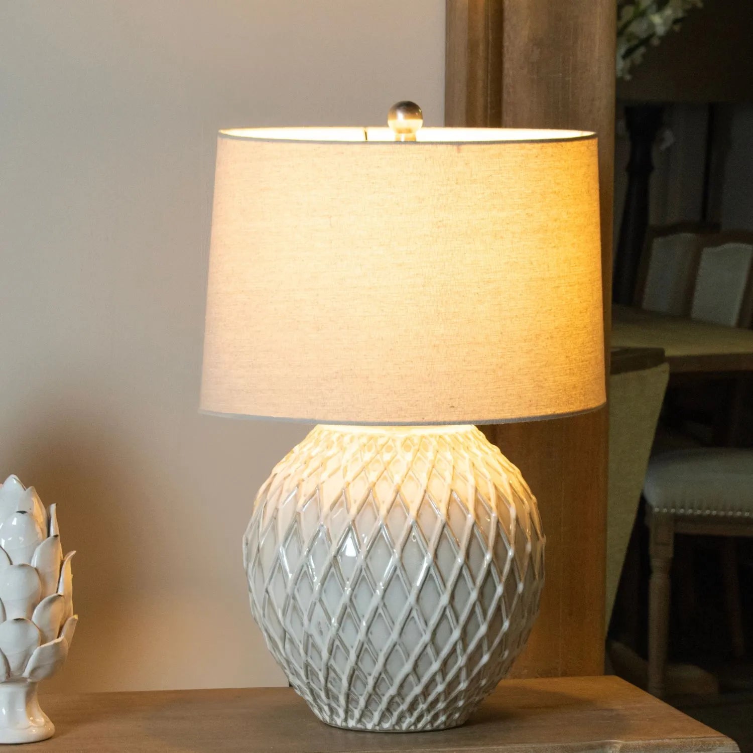 Neutral Cream Rotund Ceramic Table Lamp with Diamond Lattice Design & Natural Linen Tapered Lampshade – Decorative Lighting 58x38cm - Click Style