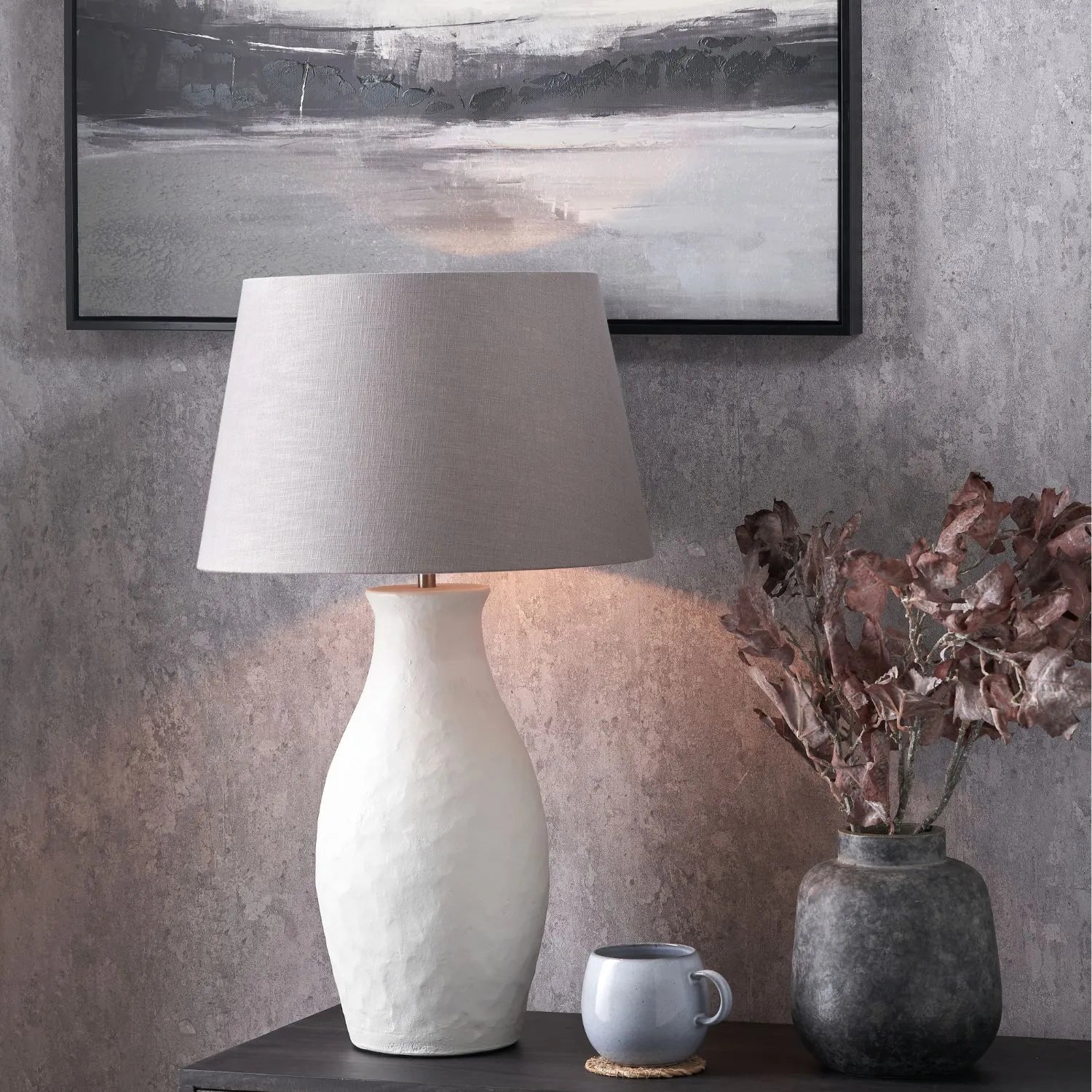 Neutral Matt White Textured Ceramic Table Lamp Base with Sculptural Bottle Shape – Handcrafted Modern Light Base 49x20x20cm | Click Style