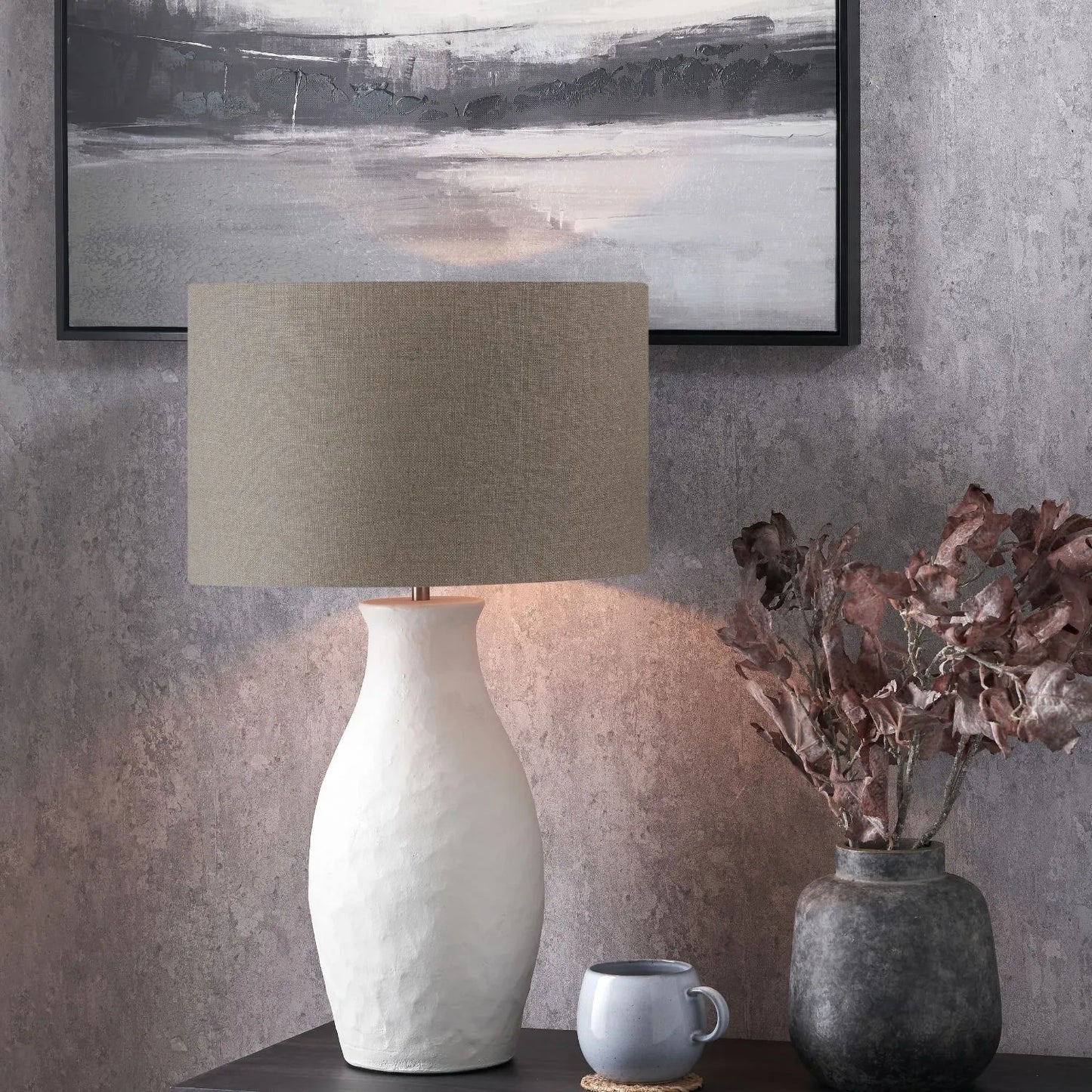 Neutral Matt White Textured Ceramic Table Lamp Base with Sculptural Bottle Shape – Handcrafted Modern Light Base 49x20x20cm | Click Style