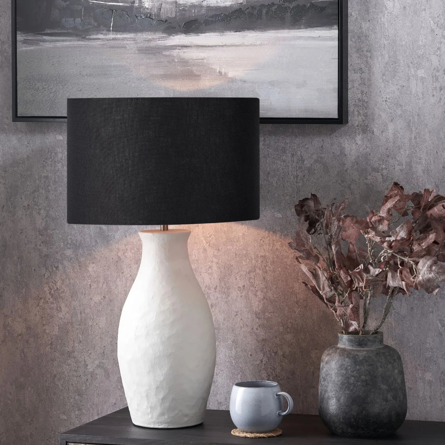 Neutral Matt White Textured Ceramic Table Lamp Base with Sculptural Bottle Shape – Handcrafted Modern Light Base 49x20x20cm | Click Style