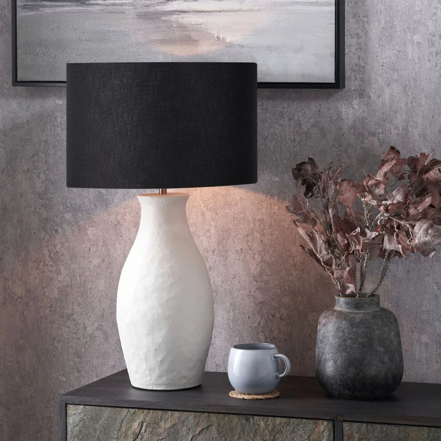 Neutral Matt White Textured Ceramic Table Lamp with 40cm Black Self-Lined Linen Drum Shade – Handcrafted Modern Bottle-Shaped Light 72x40x40cm | Click Style