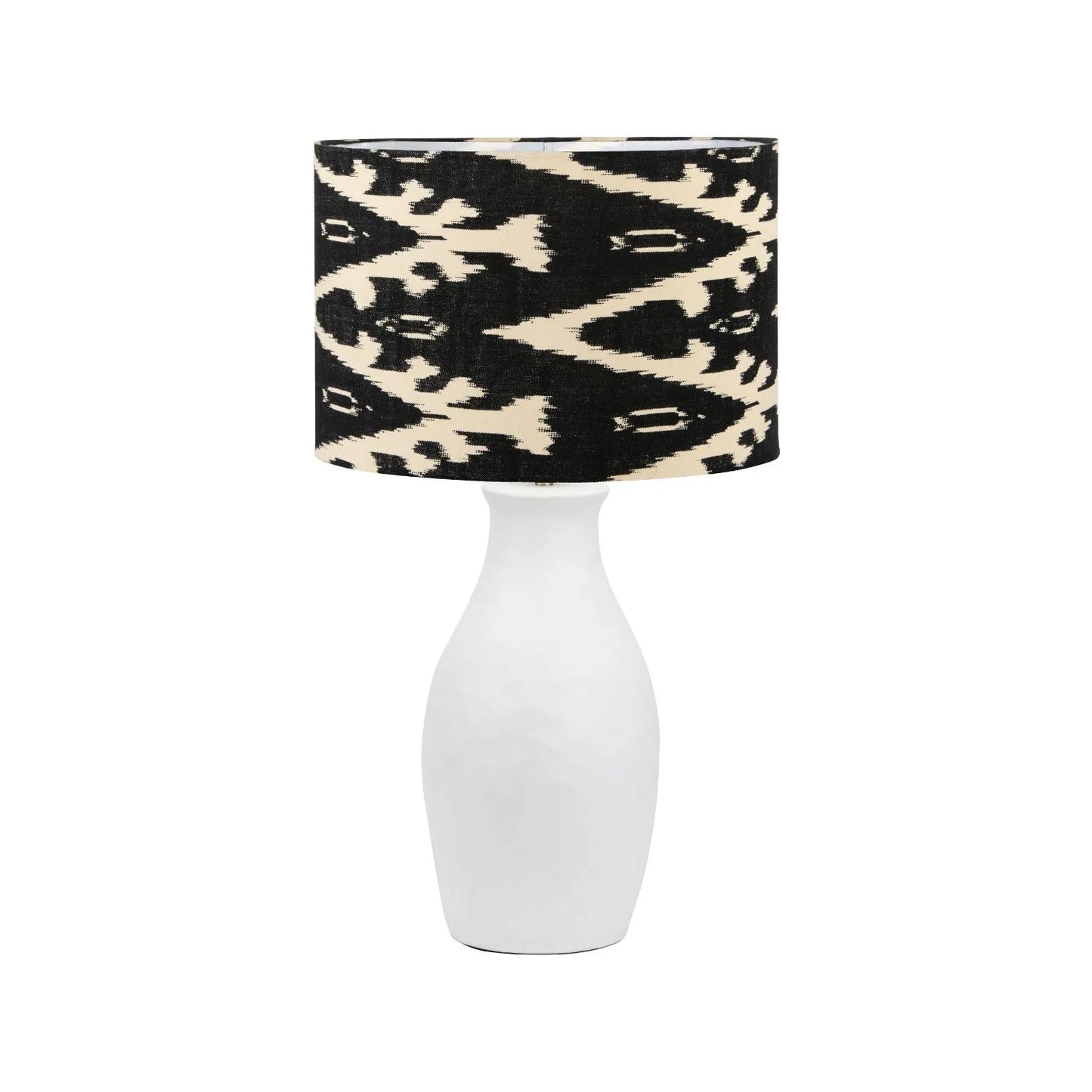 Neutral Matt White Textured Ceramic Table Lamp with 40cm Black & White Tribal Ikat Cotton Drum Shade – Handcrafted Modern Bottle-Shaped Light 72x40x40cm | Click Style