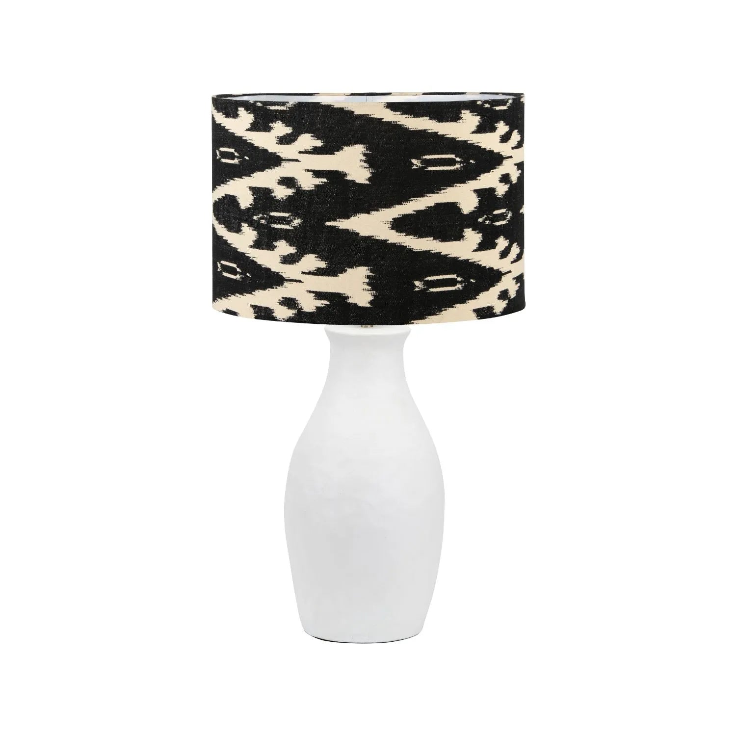Neutral Matt White Textured Ceramic Table Lamp with 40cm Black & White Tribal Ikat Cotton Drum Shade – Handcrafted Modern Bottle-Shaped Light 72x40x40cm | Click Style