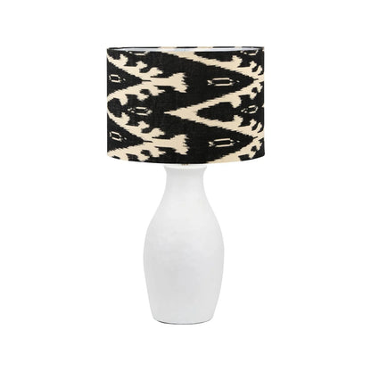 Neutral Matt White Textured Ceramic Table Lamp with 40cm Black & White Tribal Ikat Cotton Drum Shade – Handcrafted Modern Bottle-Shaped Light 72x40x40cm | Click Style