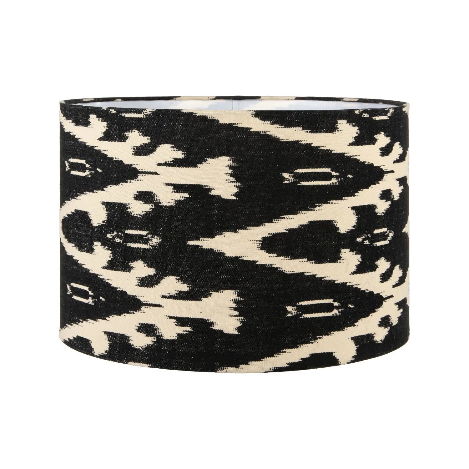 Neutral Matt White Textured Ceramic Table Lamp with 40cm Black & White Tribal Ikat Cotton Drum Shade – Handcrafted Modern Bottle-Shaped Light 72x40x40cm | Click Style