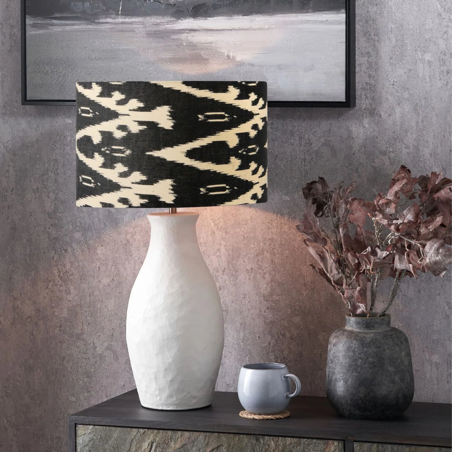 Neutral Matt White Textured Ceramic Table Lamp with 40cm Black & White Tribal Ikat Cotton Drum Shade – Handcrafted Modern Bottle-Shaped Light 72x40x40cm | Click Style