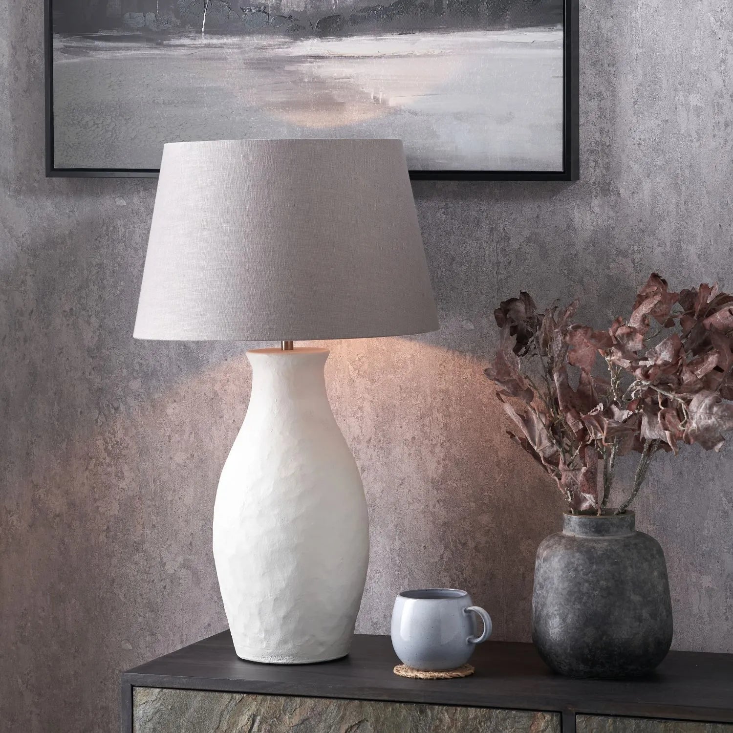 Neutral Matt White Textured Ceramic Table Lamp with 40cm Grey Self-Lined Linen Tapered Shade – Handcrafted Modern Bottle-Shaped Light 69x40x40cm | Click Style