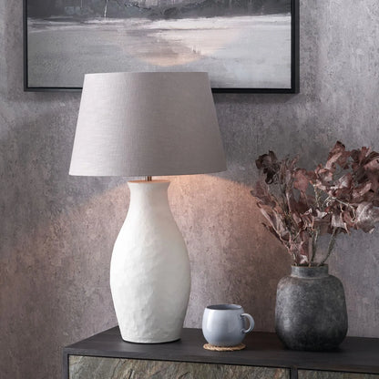 Neutral Matt White Textured Ceramic Table Lamp with 40cm Grey Self-Lined Linen Tapered Shade – Handcrafted Modern Bottle-Shaped Light 69x40x40cm | Click Style