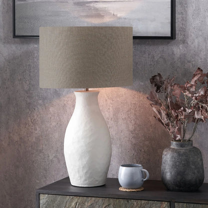 Neutral Matt White Textured Ceramic Table Lamp with 40cm Natural Linen Drum Shade – Handcrafted Modern Bottle-Shaped Light 72x40x40cm | Click Style