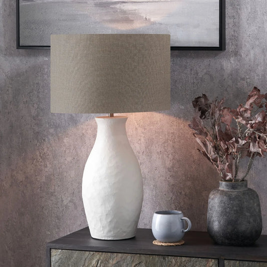 Neutral Matt White Textured Ceramic Table Lamp with 40cm Natural Linen Drum Shade – Handcrafted Modern Bottle-Shaped Light 72x40x40cm | Click Style