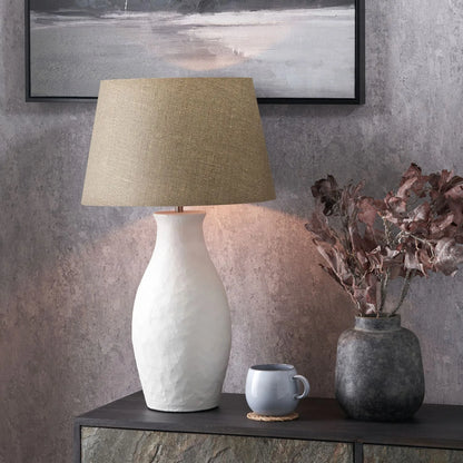 Neutral Matt White Textured Ceramic Table Lamp with 40cm Natural Linen Tapered Shade – Handcrafted Modern Bottle-Shaped Light 69x40x40cm | Click Style