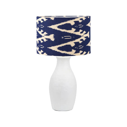 Neutral Matt White Textured Ceramic Table Lamp with 40cm Navy Blue & White Tribal Ikat Cotton Drum Shade – Handcrafted Modern Bottle-Shaped Light 72x40x40cm | Click Style