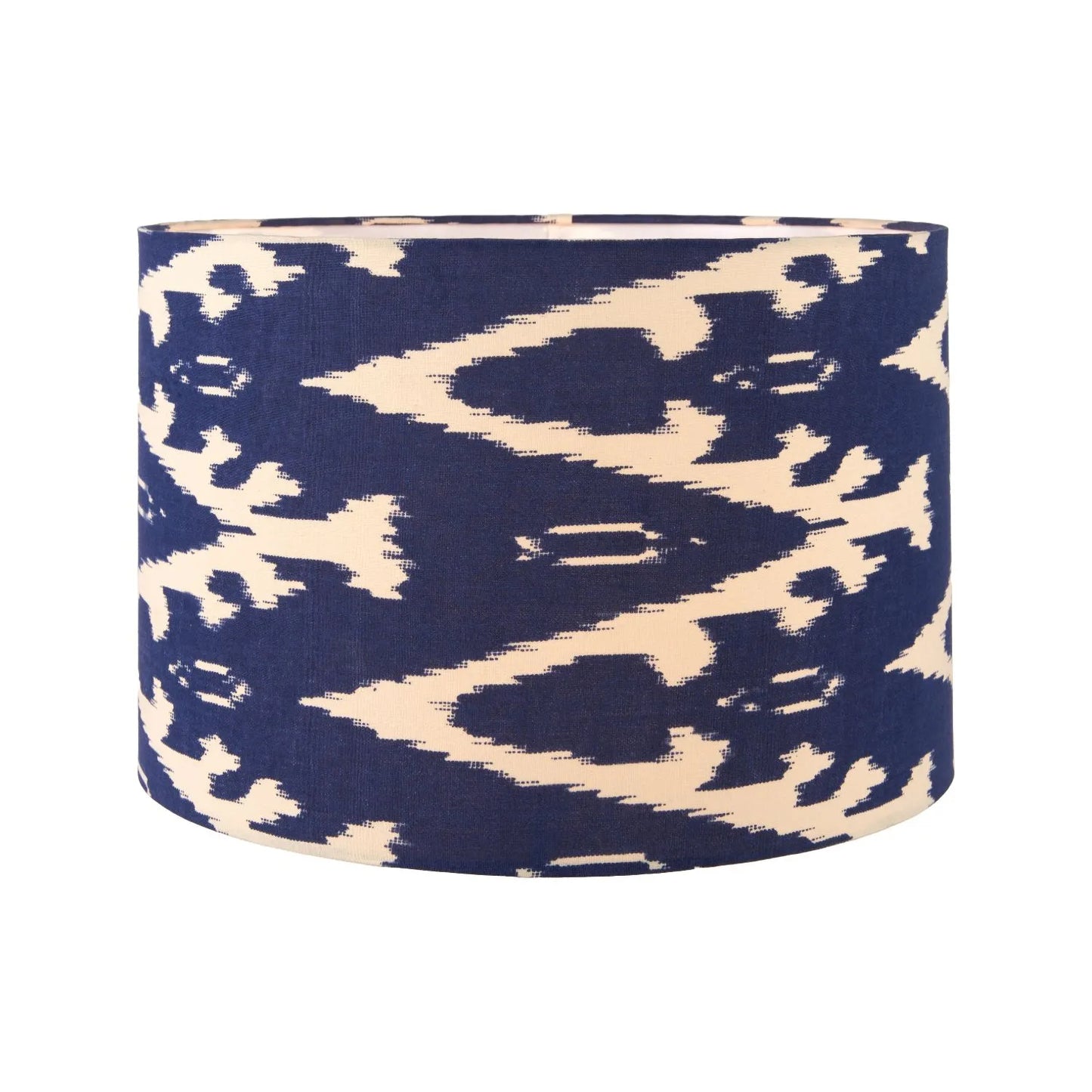 Neutral Matt White Textured Ceramic Table Lamp with 40cm Navy Blue & White Tribal Ikat Cotton Drum Shade – Handcrafted Modern Bottle-Shaped Light 72x40x40cm | Click Style