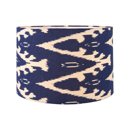 Neutral Matt White Textured Ceramic Table Lamp with 40cm Navy Blue & White Tribal Ikat Cotton Drum Shade – Handcrafted Modern Bottle-Shaped Light 72x40x40cm | Click Style