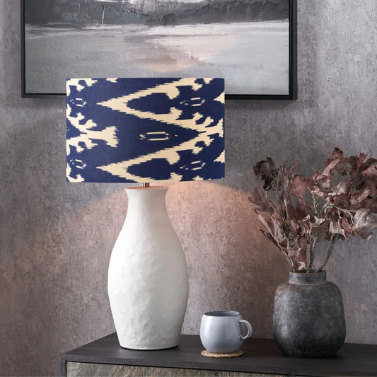Neutral Matt White Textured Ceramic Table Lamp with 40cm Navy Blue & White Tribal Ikat Cotton Drum Shade – Handcrafted Modern Bottle-Shaped Light 72x40x40cm | Click Style