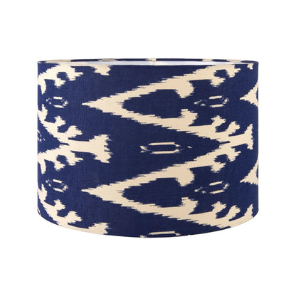 Neutral Matt White Textured Ceramic Table Lamp with 40cm Navy Blue & White Tribal Ikat Cotton Drum Shade – Handcrafted Modern Bottle-Shaped Light 72x40x40cm | Click Style