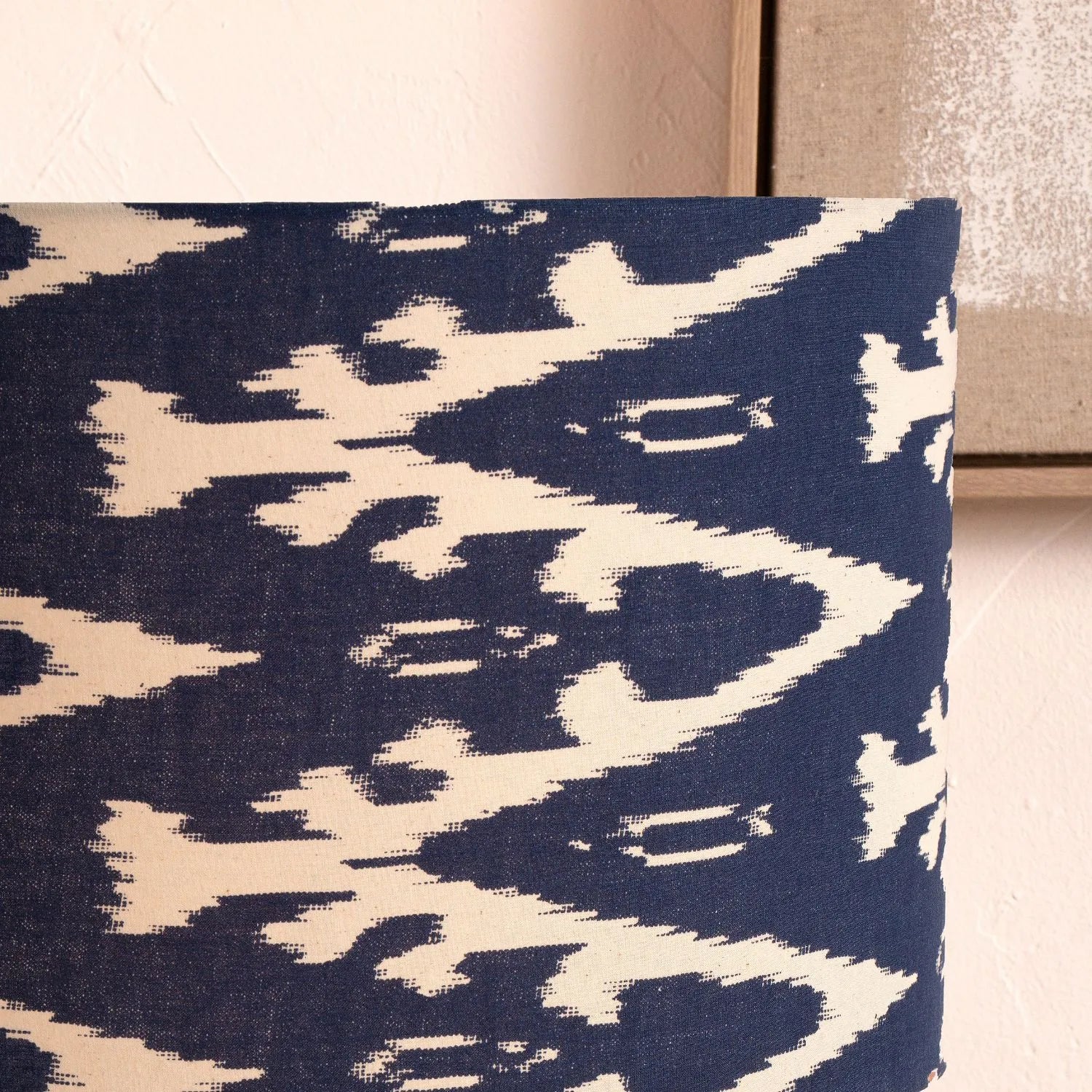 Neutral Matt White Textured Ceramic Table Lamp with 40cm Navy Blue & White Tribal Ikat Cotton Drum Shade – Handcrafted Modern Bottle-Shaped Light 72x40x40cm | Click Style