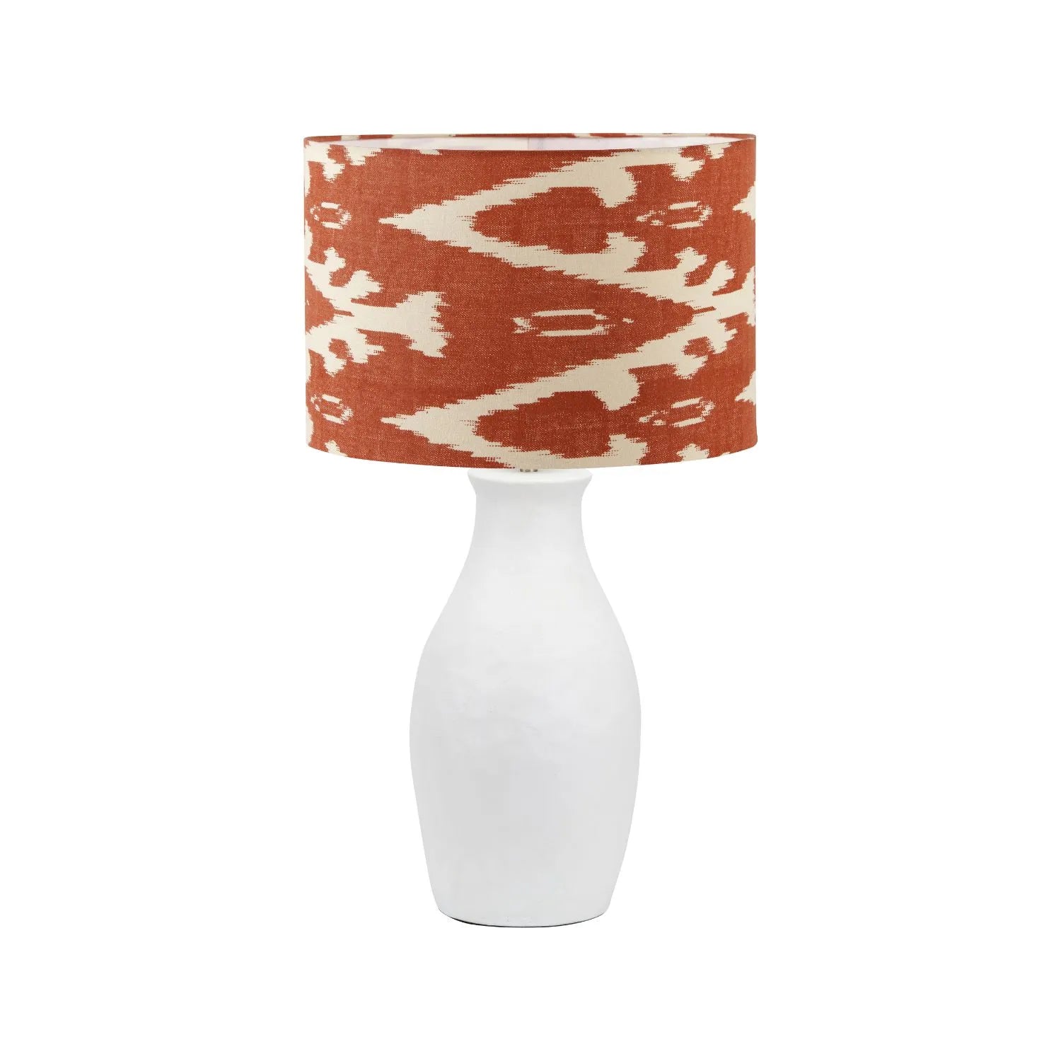 Neutral Matt White Textured Ceramic Table Lamp with 40cm Orange Cinnamon & White Tribal Ikat Cotton Drum Shade – Handcrafted Modern Bottle-Shaped Light 72x40x40cm | Click Style