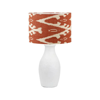 Neutral Matt White Textured Ceramic Table Lamp with 40cm Orange Cinnamon & White Tribal Ikat Cotton Drum Shade – Handcrafted Modern Bottle-Shaped Light 72x40x40cm | Click Style